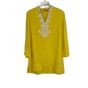 Anne Klein Women's Yellow Embroidered Linen 3/4 Sleeve Kurta Tunic Top Size M‎